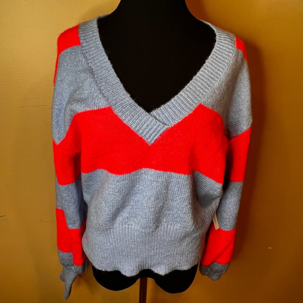 June & Hudson Size M Bright Pink Periwinkle Blue V-Neck Striped Spring Sweater